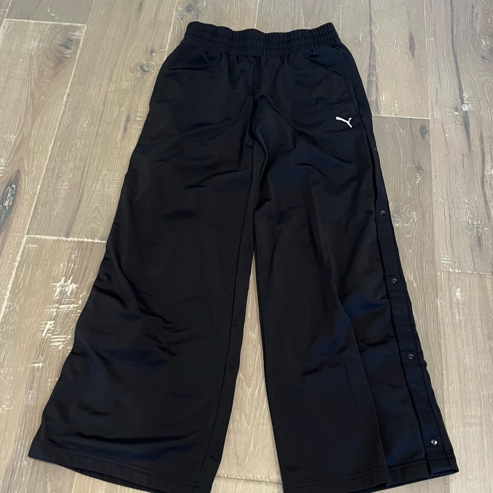 Puma Womens Black Track Pants with Buttons on Side Wide Leg